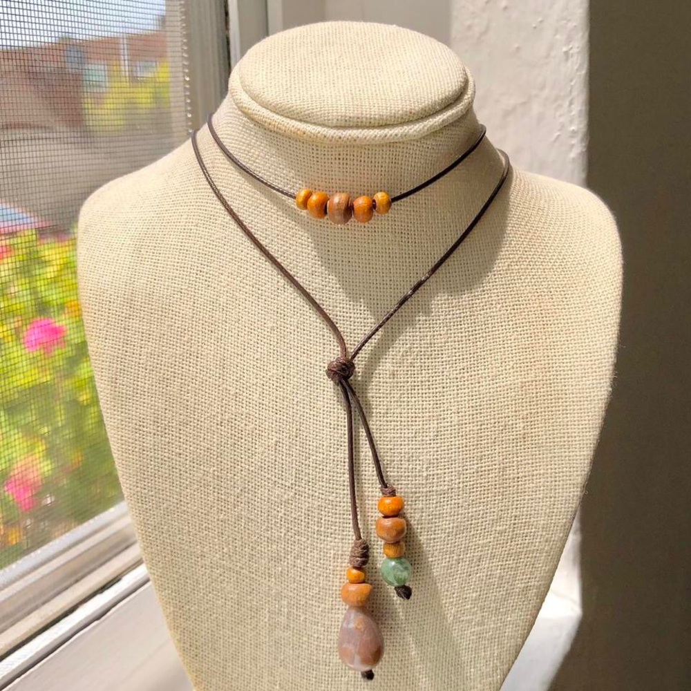 Moss x Indian Agate Teardrop Beaded (Dark Brown) Earthy Boho Wrap Choker